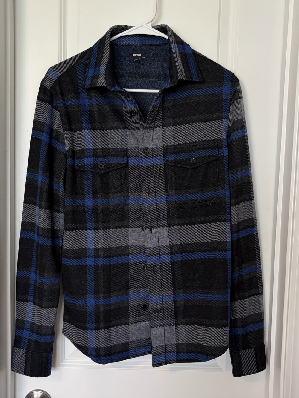 Express Men’s  Black, Gray & Blue Plaid Button-Up Shirt
Size XS